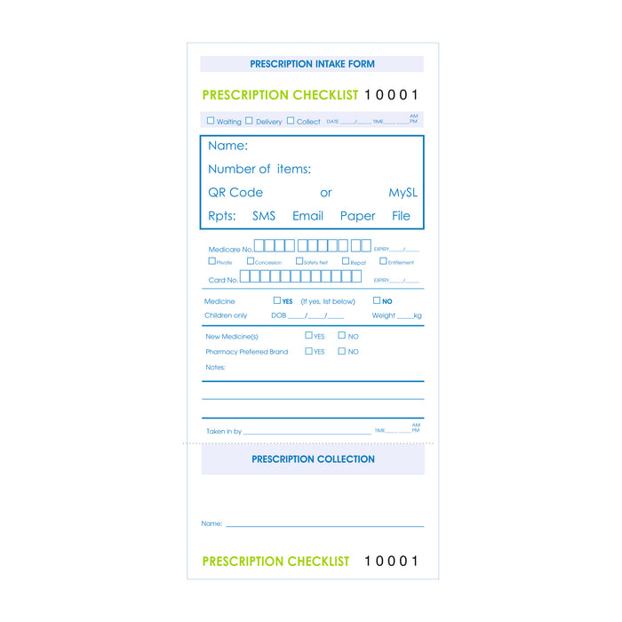 Prescription Intake Forms OR Checklist Pads Generic (Per 100)