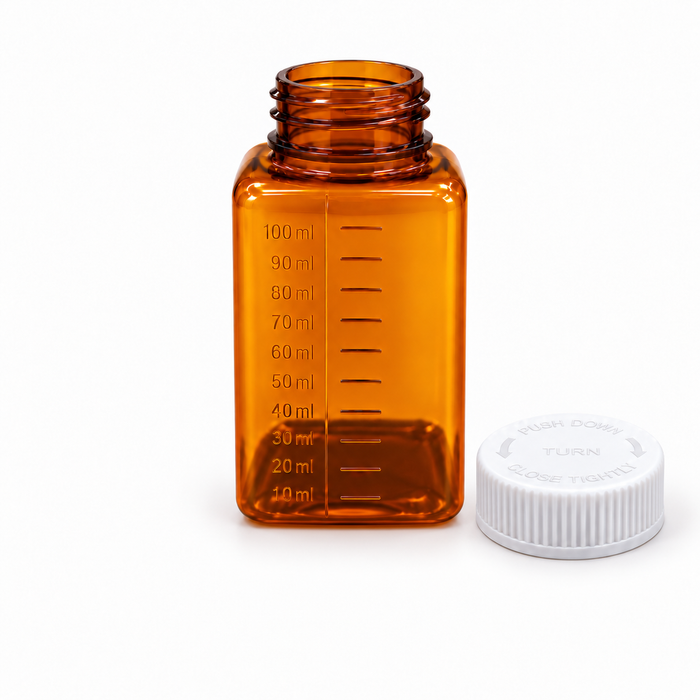 Plastic PET Square bottle with CRC Cap 100ml OOS Till Nov